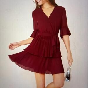 Burgundy midi dress with tie waist, ruffles, and flared sleeves #boho